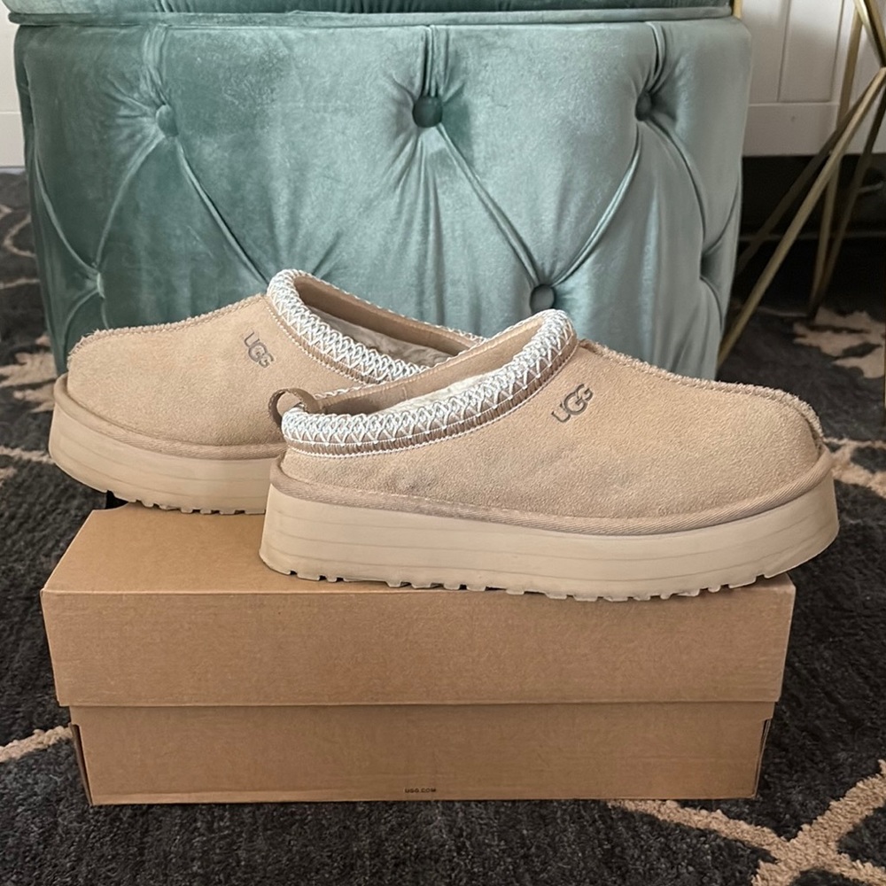 UGG Beige Suede Platform Mules